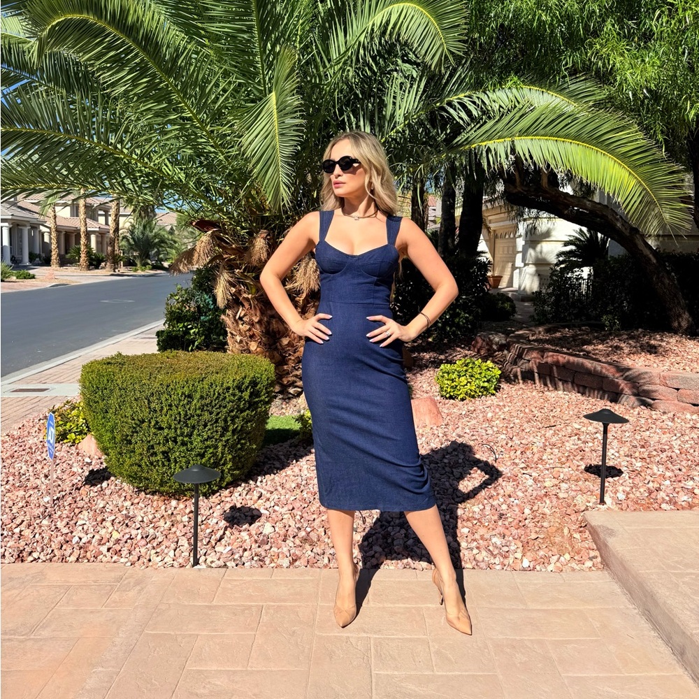 232 ‘Sofia’ Dark Denim Stretchy Midi Dress With Adjustable Back